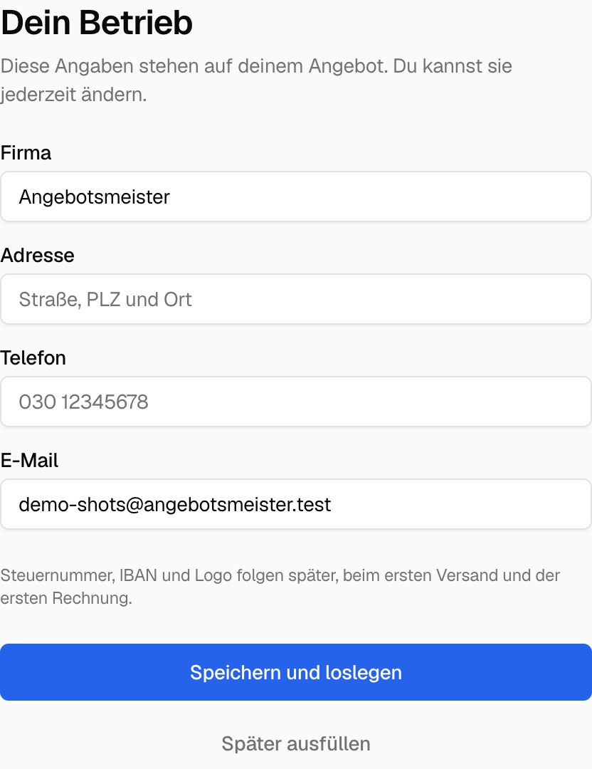 Onboarding: Firmendaten und Gewerk in wenigen Feldern.